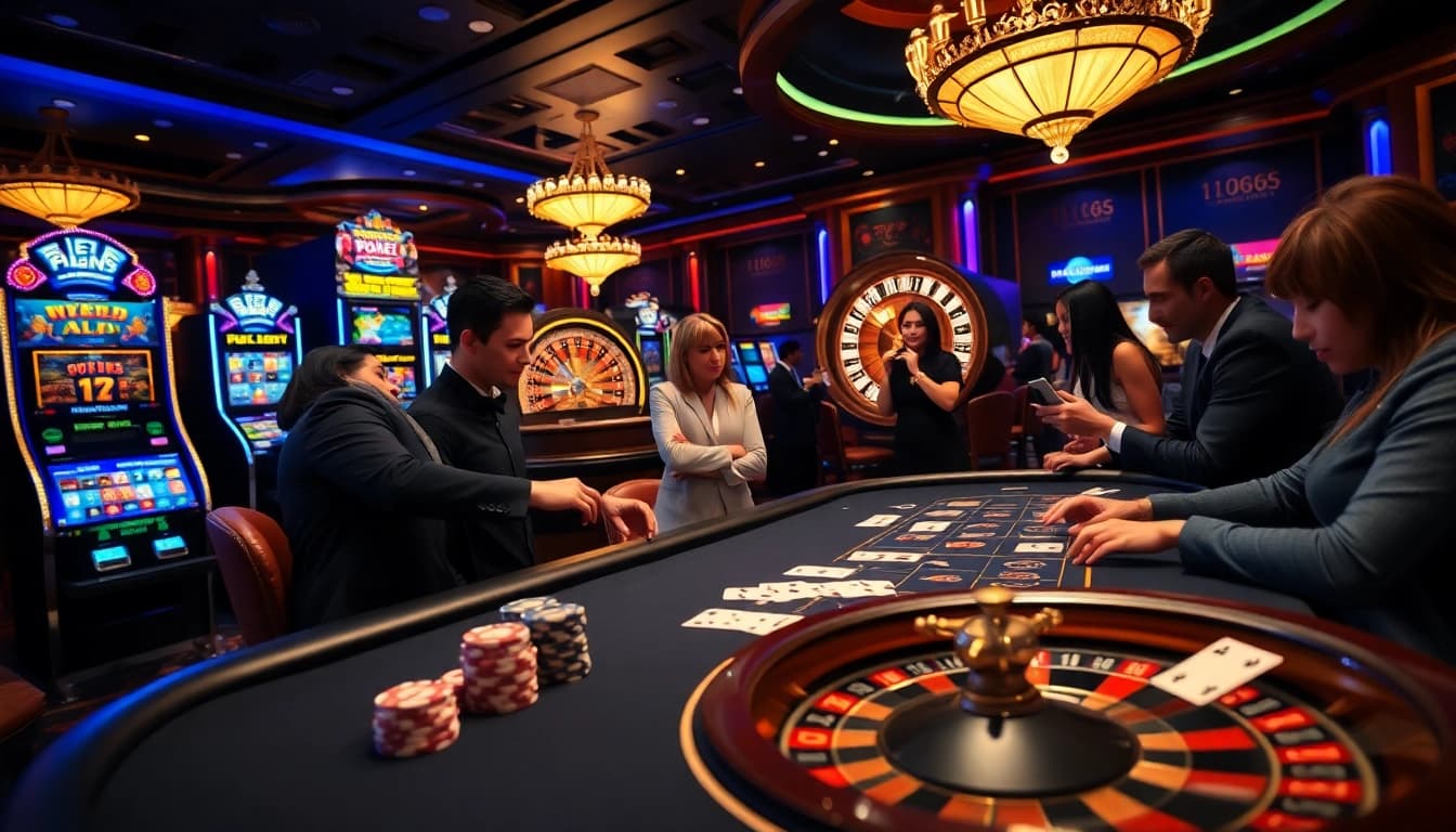 Experience thrilling gaming at MM88 with vibrant casino elements like poker tables and slot machines.