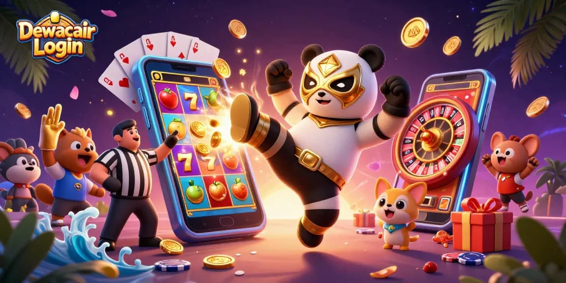 Dewacair Login showcases a thrilling 3D illustration of a panda wrestler kicking, surrounded by fun casino-themed elements.