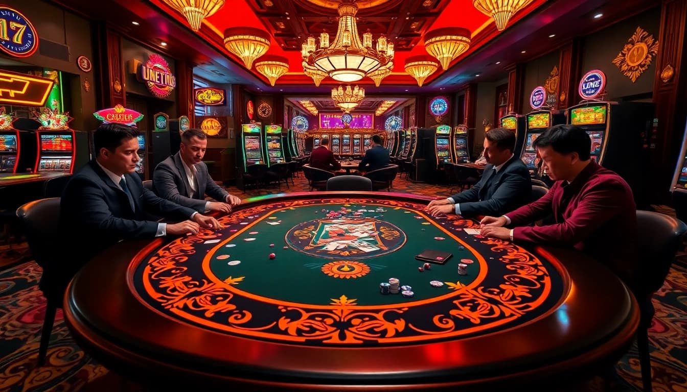 A dynamic poker game at a luxurious casino featuring 79 King’s iconic casino atmosphere with vibrant chips and lights.