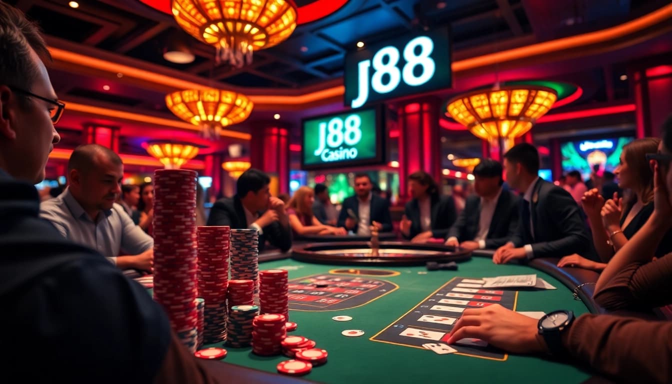 A dynamic poker game at j88 Casino, showcasing vibrant chips and cards in a luxurious setting.