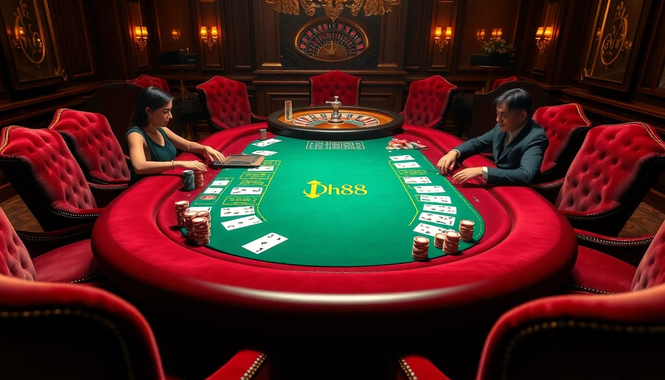 DH88 poker table with rich decor, vibrant chips, and engaged players in a luxury casino setting