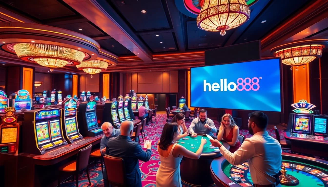 Hello88 gaming floor filled with excited players at elegant slot machines and poker tables.