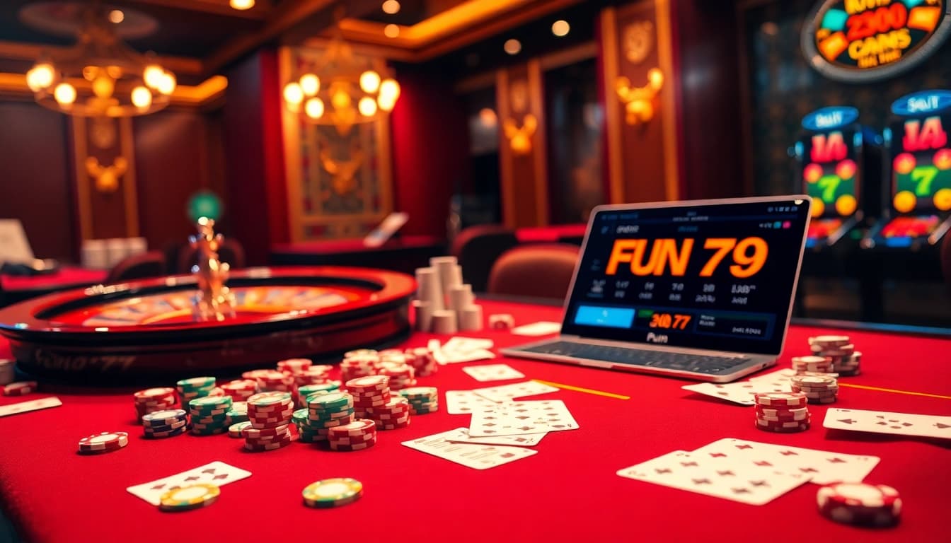 Engaging scene of FUN79 casino elements featuring poker chips, cards, and a roulette wheel.