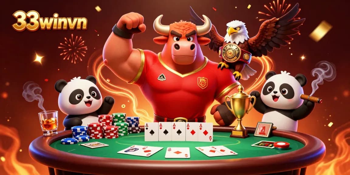 Engage in thrilling gameplay at 33winvn with a victorious bull mascot celebrating with poker chips and cards.