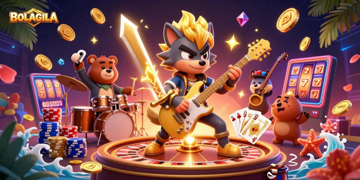 Engage with BOLAGILA's vibrant 3D illustration showcasing thrilling casino action with rock star characters and dynamic game elements.