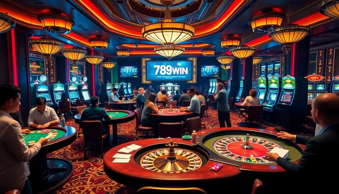 Experience the thrill of 789WIN at a vibrant casino table with poker chips and roulette wheels.