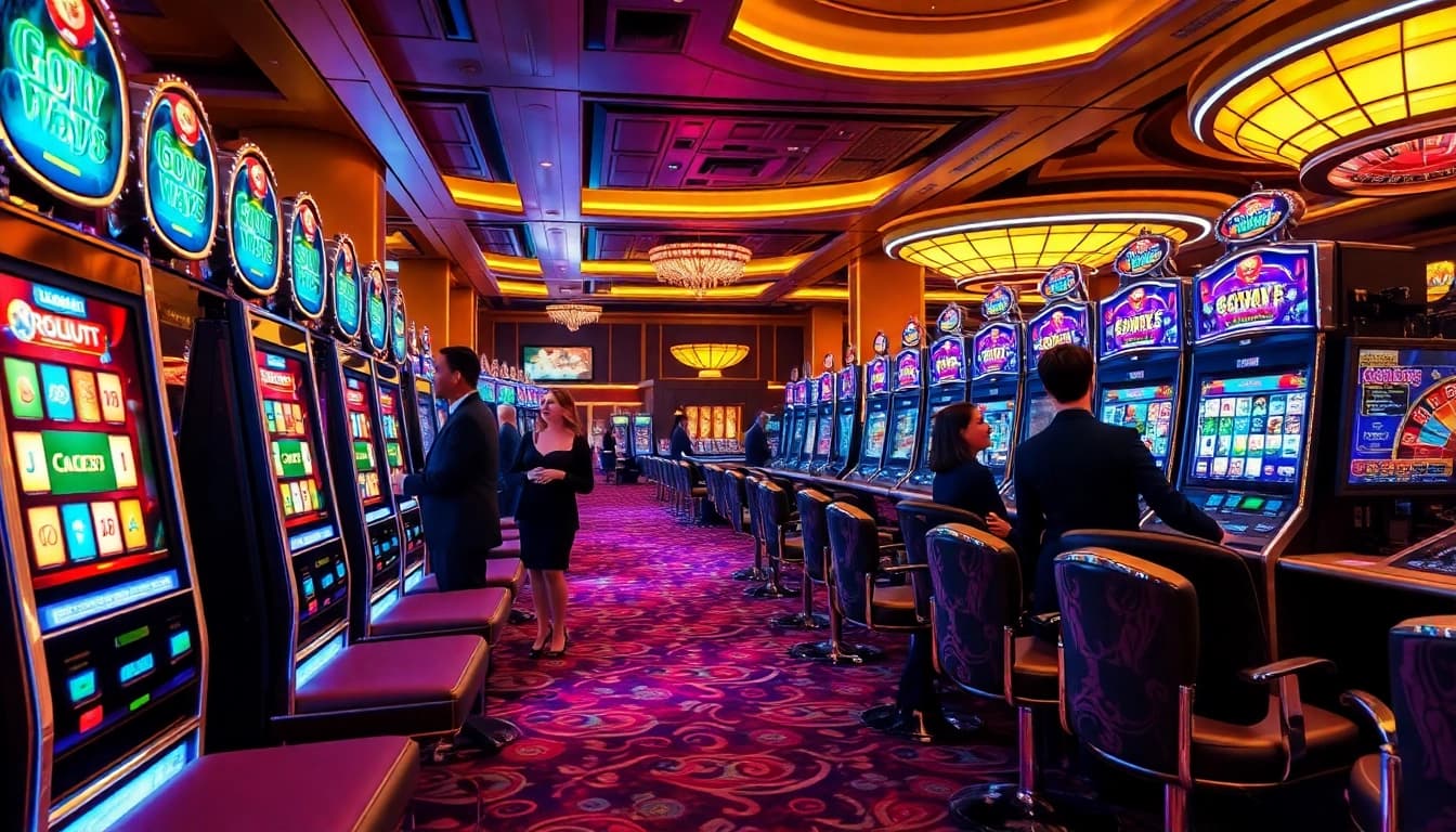 Engaging players enjoying สล็อต Gow Ways เกมใหม่ on vibrant slot machines in a luxurious casino.