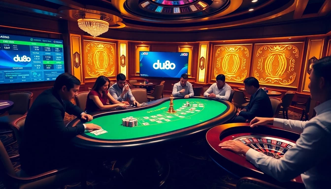 Players enjoying a thrilling poker game at du88 casino with vibrant atmosphere and betting excitement.