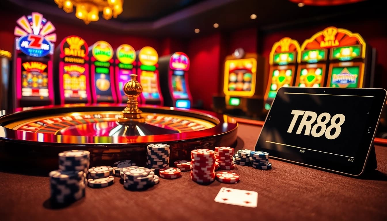 Experience the thrill of winning at TR88 casino games with luxurious roulette and poker elements.