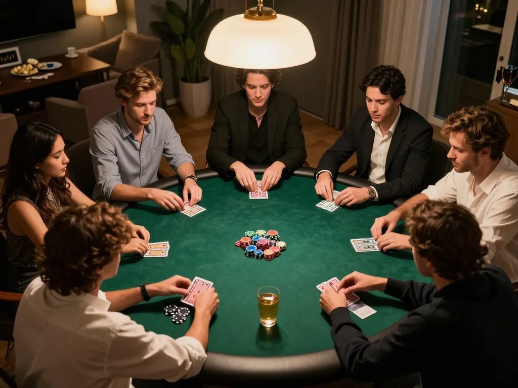 Engaging home poker night featuring taisunwin strategies, friends playing cards in cozy atmosphere.