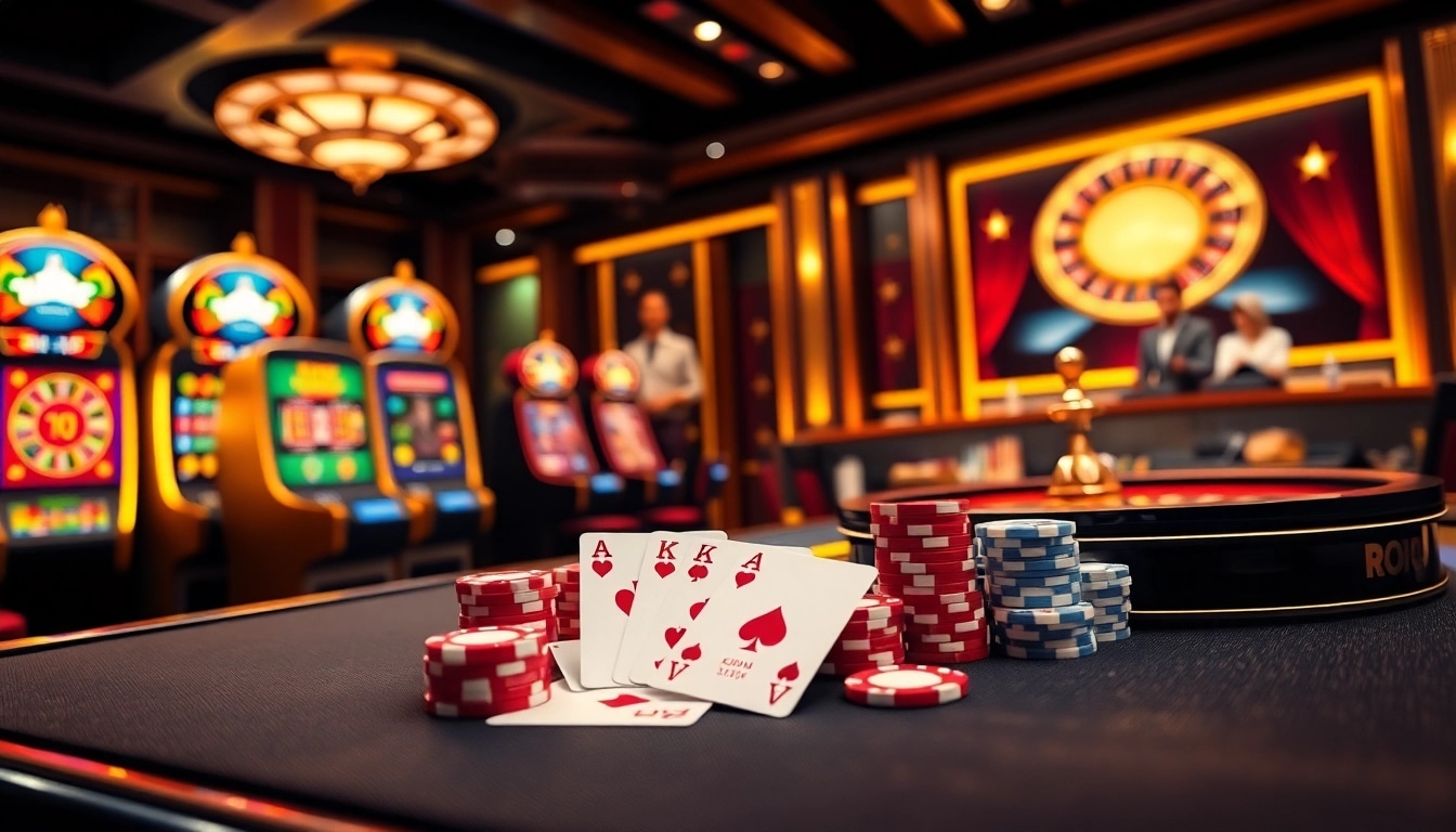 Engage with Đăng nhập bomwin at a luxurious online casino featuring vibrant tables and cards.