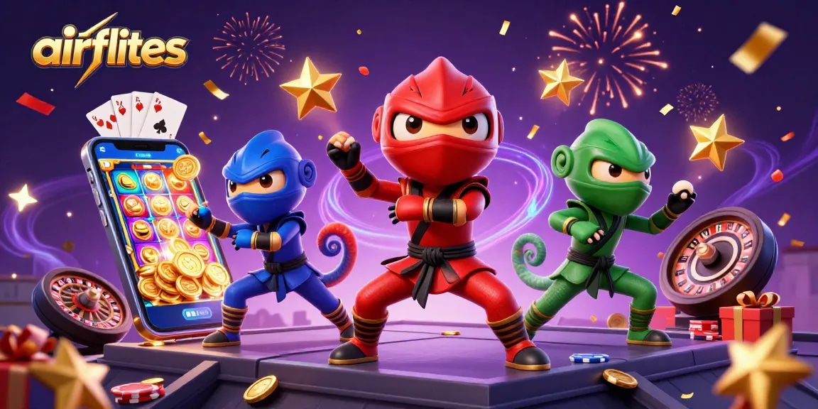 Airflites showcase synchronized chameleon ninjas amidst vibrant casino gaming elements and celebration.