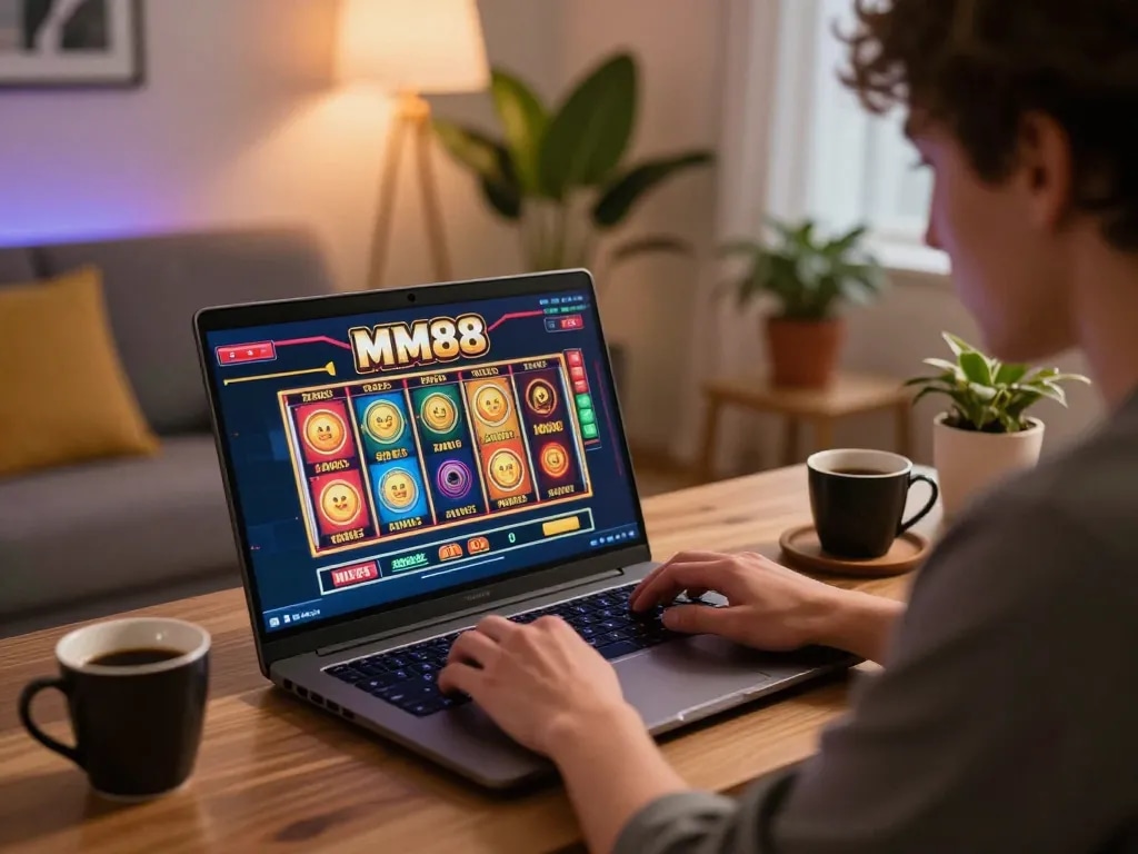 Play online slots on MM88 in a stylish living room with ambient lighting.
