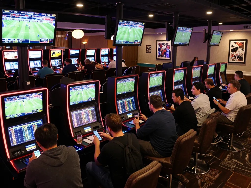 Engaged bettors analyzing Q88 betting odds in a lively sports lounge.