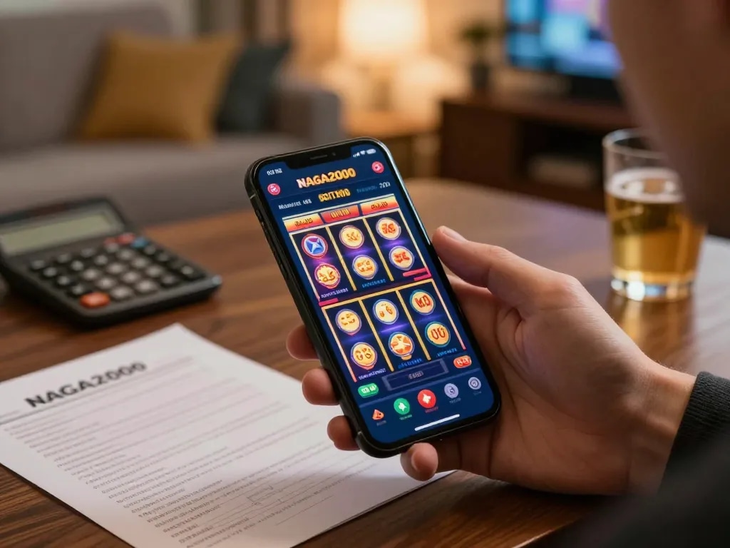 NAGA2000 betting app on smartphone amidst a lively home gaming environment.