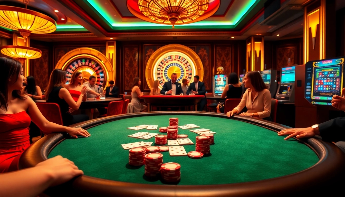 Engaging scene of gamblers at a poker table showcasing TG88-themed cards and chips.