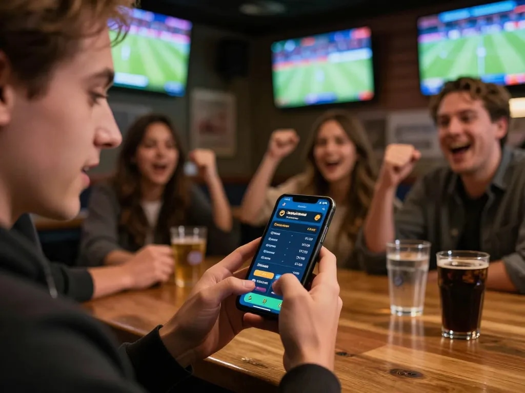 Engaging in live betting on vaobet via smartphone at a busy sports bar