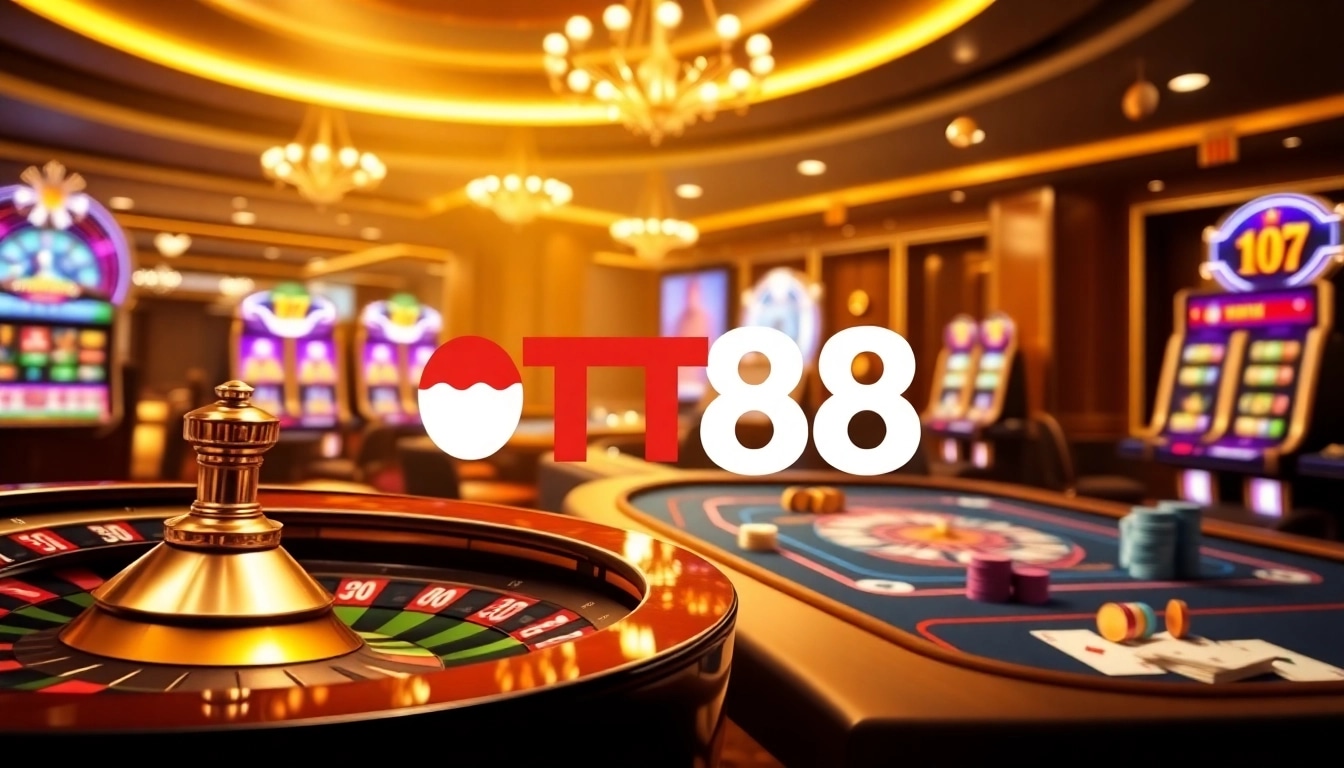 TT88 casino scene showcasing vibrant slot machines and poker tables, emphasizing excitement.