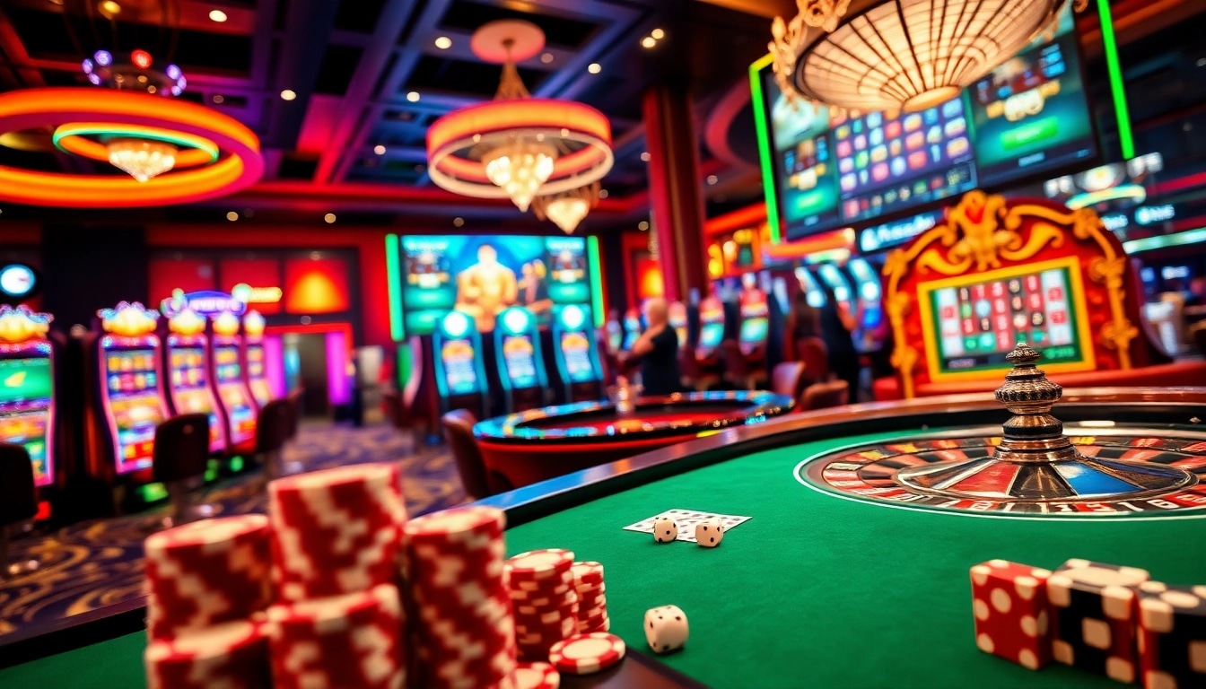 Engaging casino scene showcasing slot machines, a roulette table, and poker chips with viral88 branding.