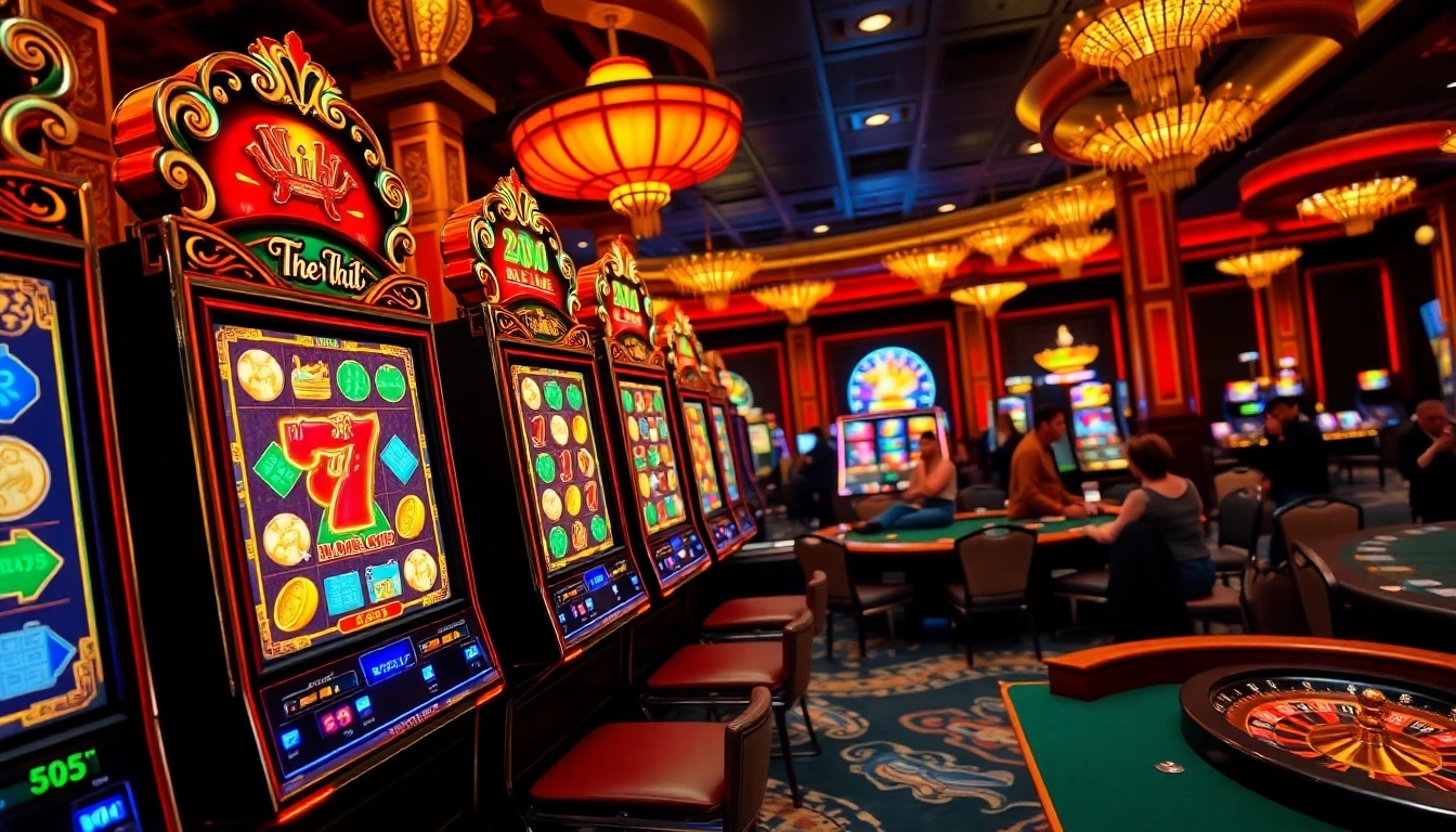 Nổ hũ themed slot machine attracting players in a vibrant casino environment
