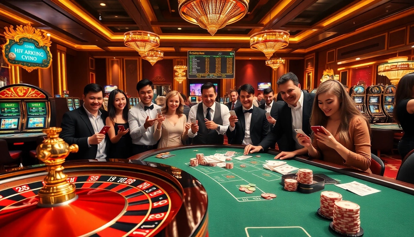 Players engaging in high-stakes blackjack at KJC casino with vibrant casino elements around them.