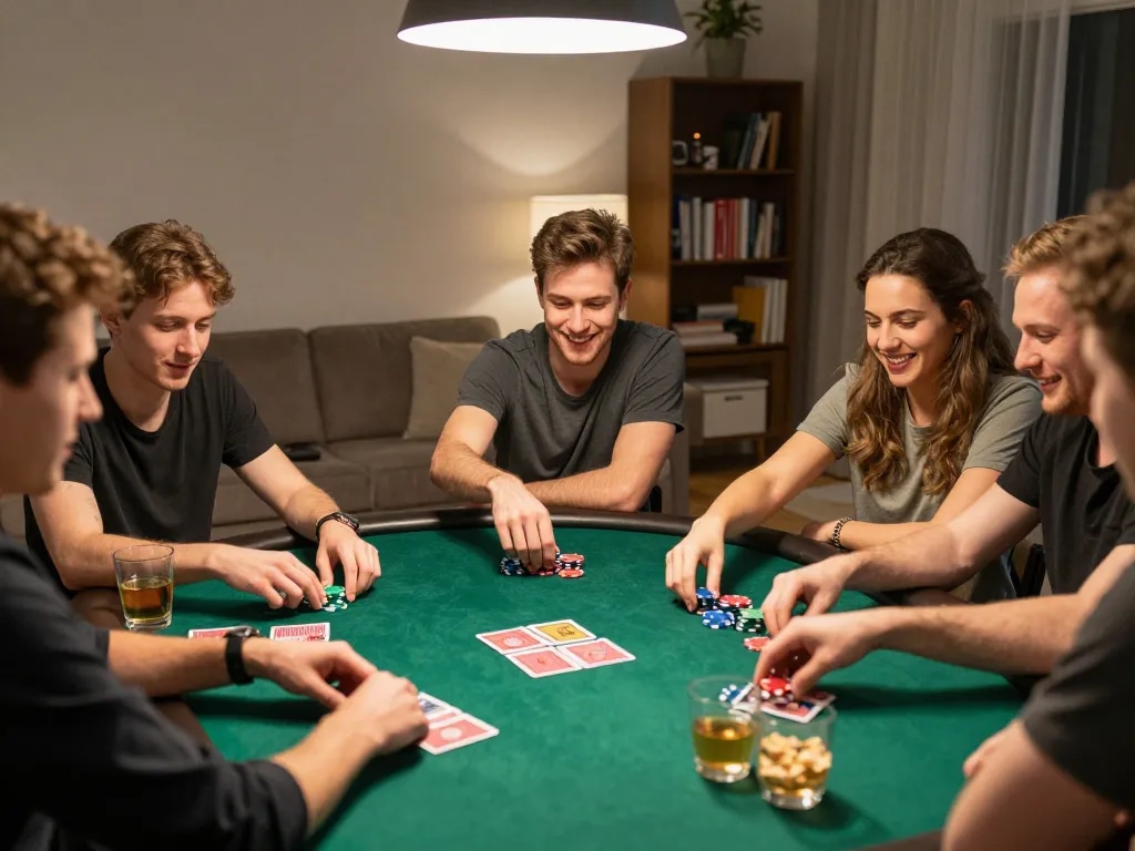 Engaged friends playing a poker game at home, showcasing strategy and enjoyment with 88x chips and cards.