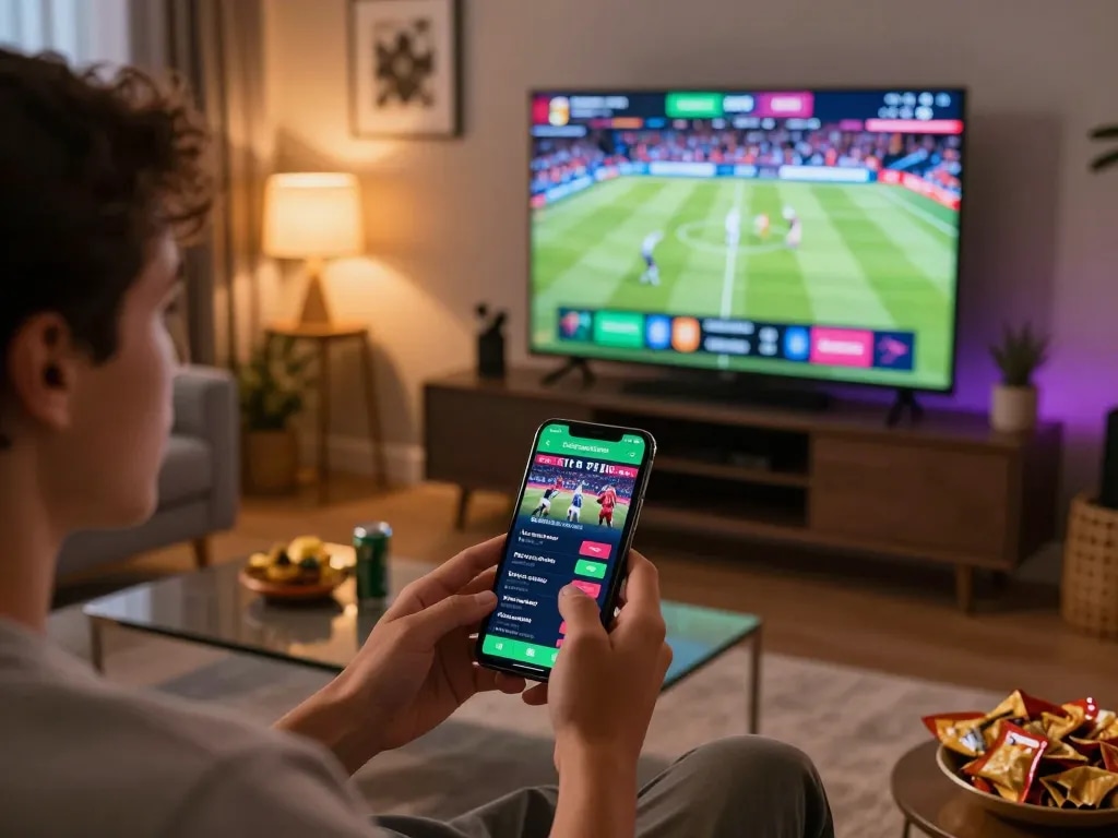 User placing bets on dinamit4d mobile app while watching sports, showcasing an immersive online betting experience.