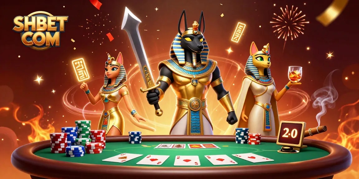 Experience SHBET COM with an Egyptian warrior and cat in a dynamic casino scene filled with poker elements.