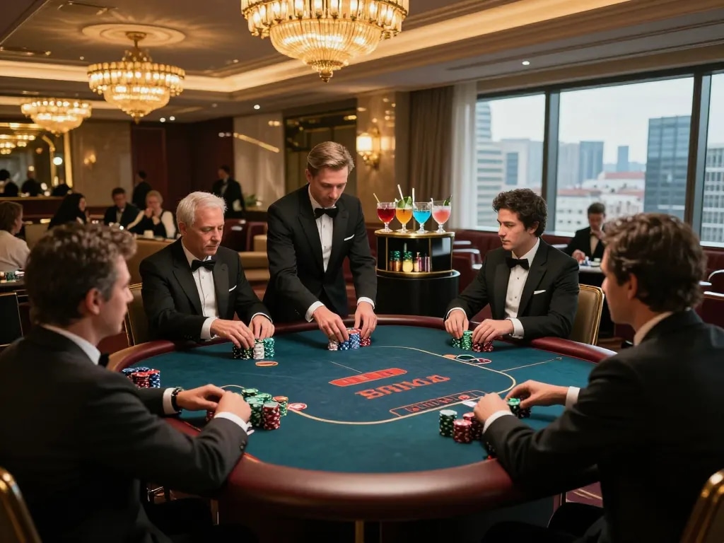 High-stakes poker action in a luxurious VIP area at a casino, showcasing players with chips during an intense game of cm8888.
