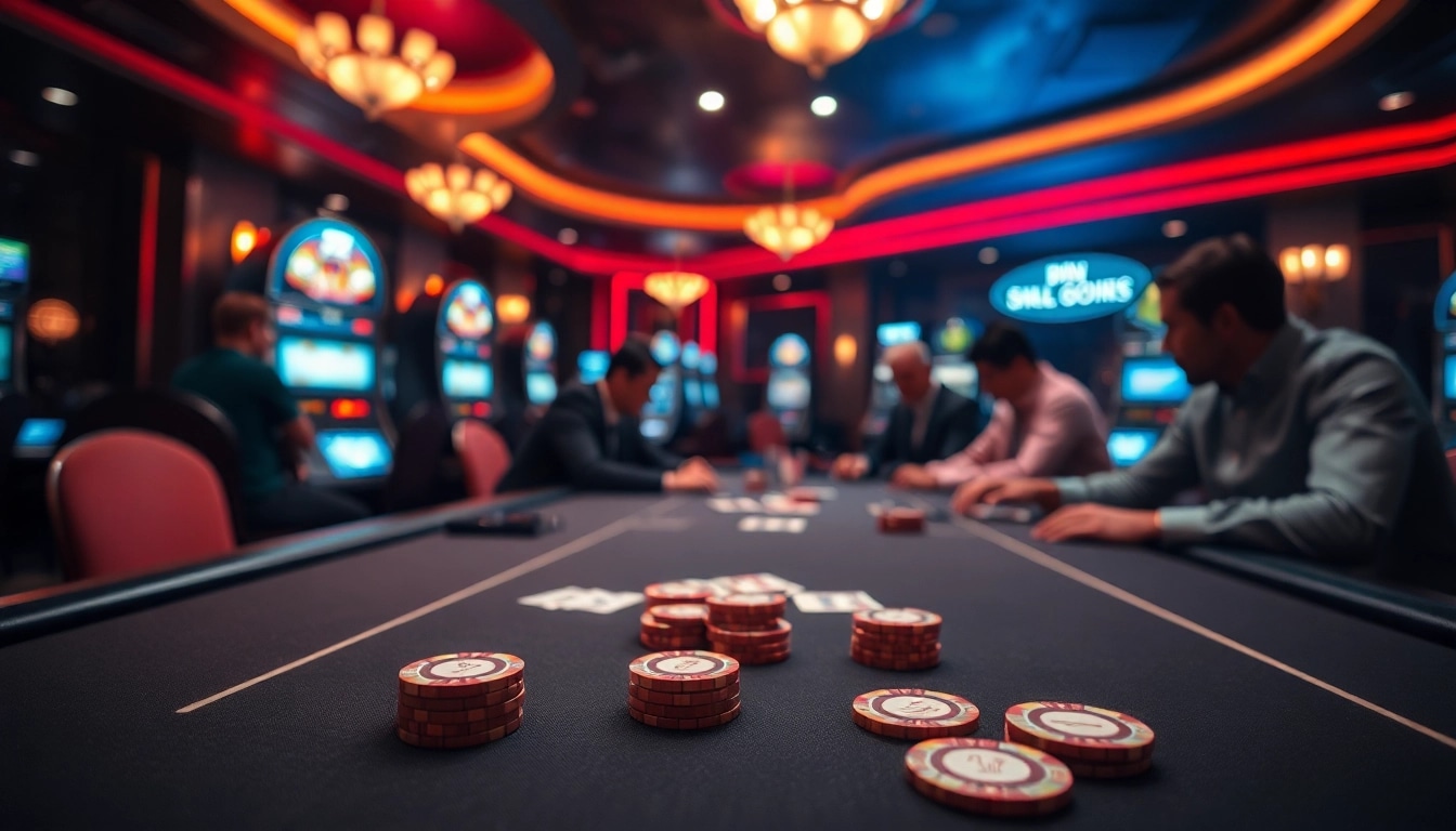 Akun Depo 5k menampilkan permainan poker yang intens di meja kasino yang mewah.