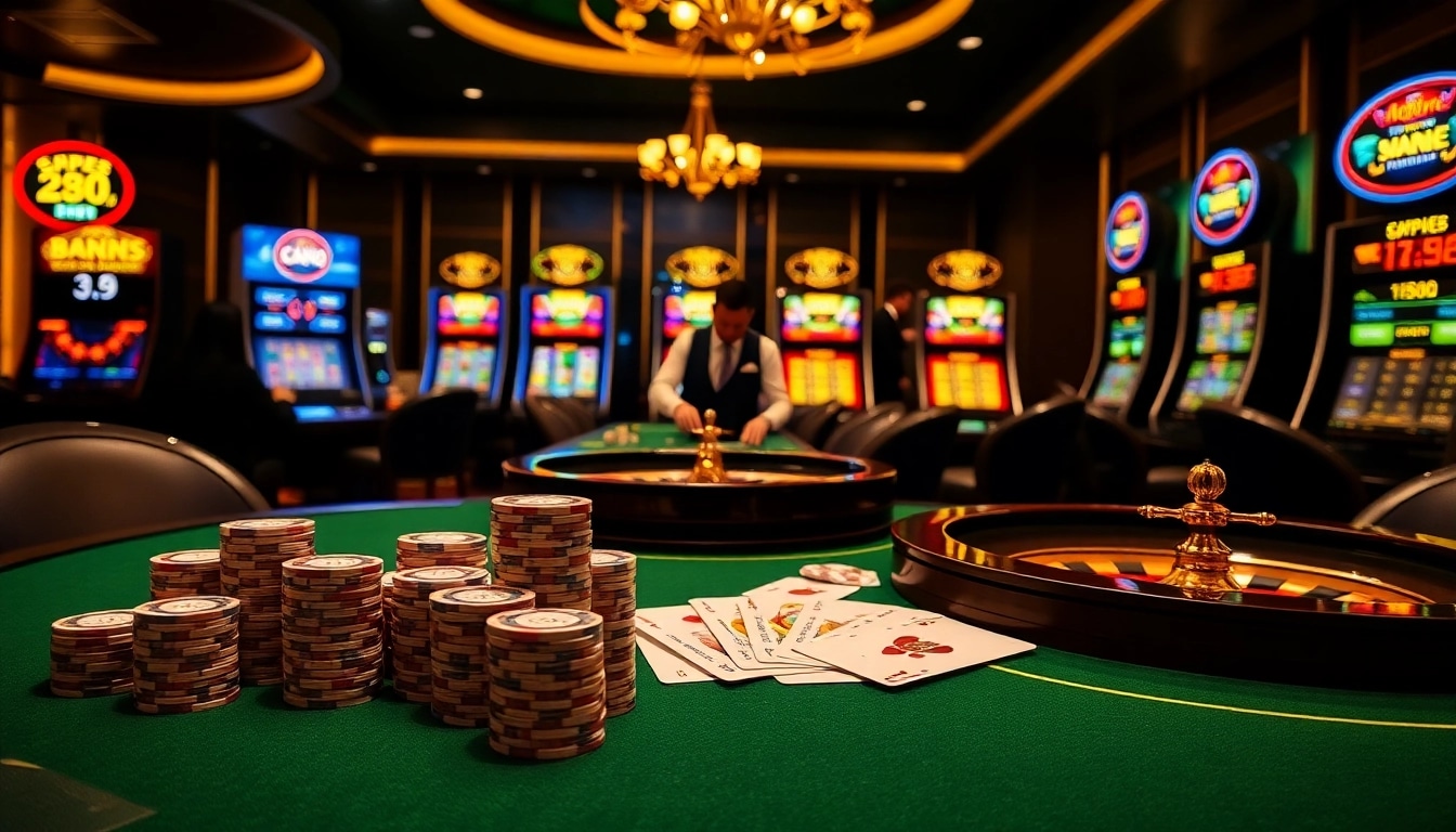 Experience thrilling 8kbet games with luxurious casino tables, vibrant slot machines, and exciting gameplay.