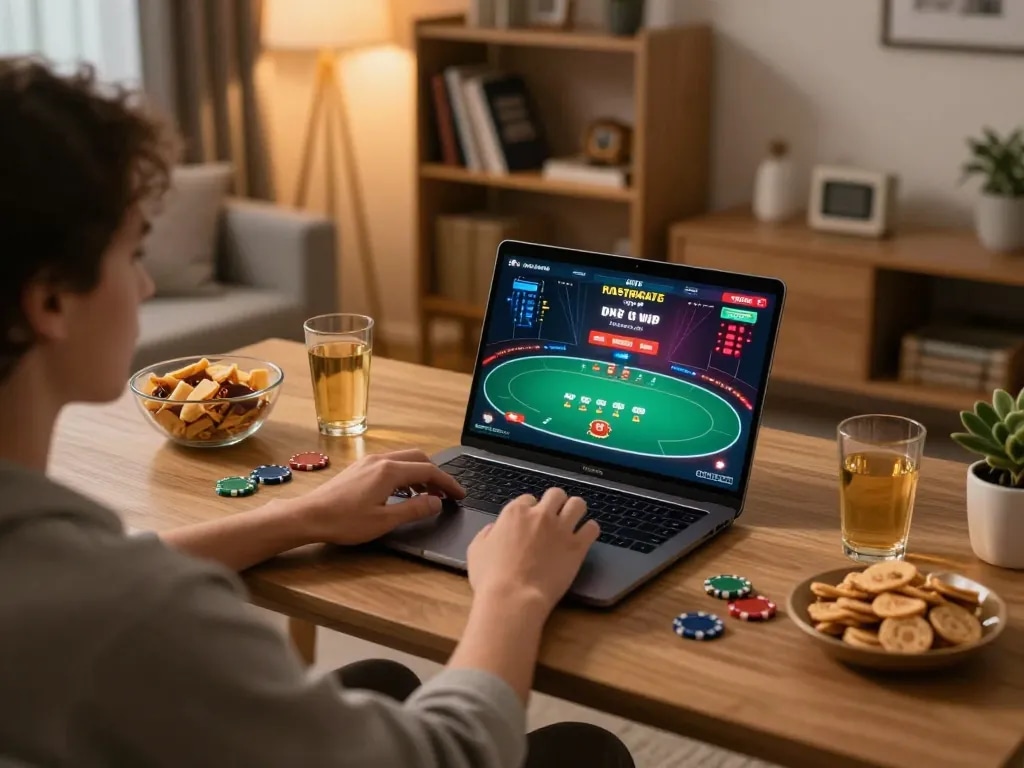Engaging in Bbet online casino gameplay at home, showcasing strategy and fun in a cozy setup
