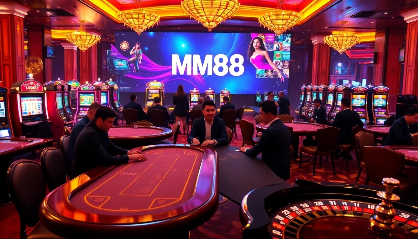 Players enjoying a vibrant casino scene with MM88 slots and tables radiating excitement.