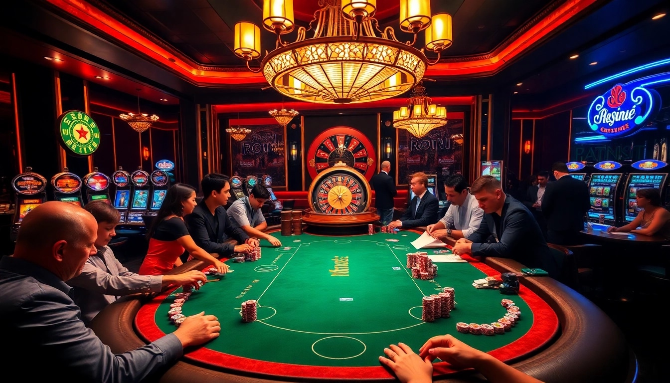 Hitclub players strategically placing bets at a luxurious casino poker table.