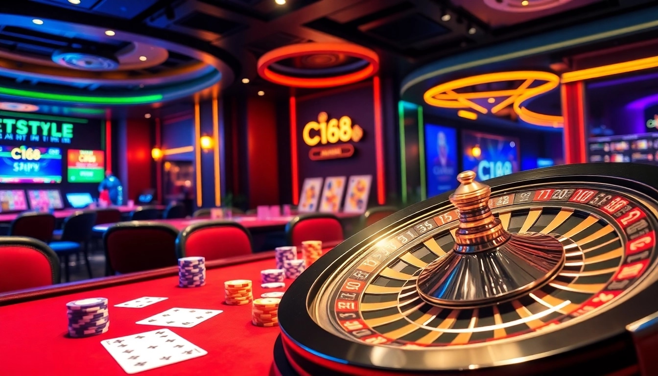 C168's vibrant casino setup featuring high-stakes poker chips and a dazzling roulette wheel.