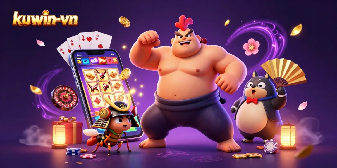 kuwin-vn showcases thrilling gambling action with a powerful sumo wrestler and samurai cricket.