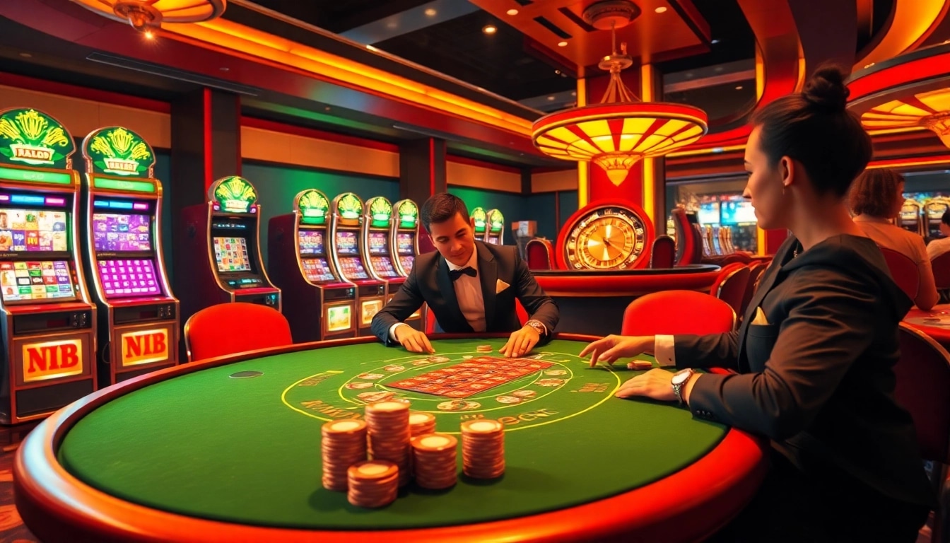 M88 players engage in a high-stakes poker game surrounded by vibrant slot machines and roulette wheels.