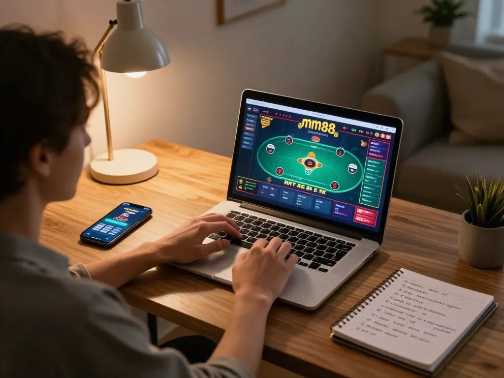 Engaging online gaming with mm88 on laptop in a cozy home office