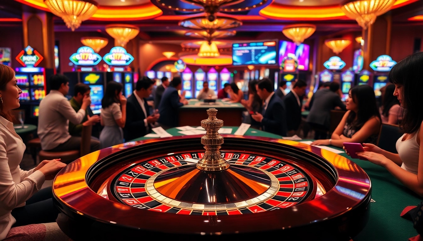 Exciting casino gaming scene at go88 with roulette and vibrant slot machines.