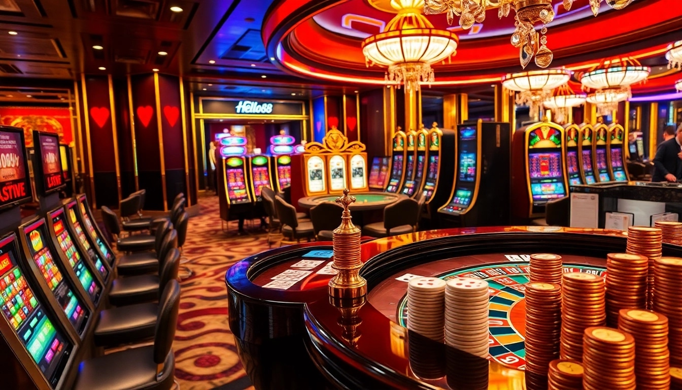 Hello88 casino scene with vibrant roulette tables, lively players, and luxurious slot machines.