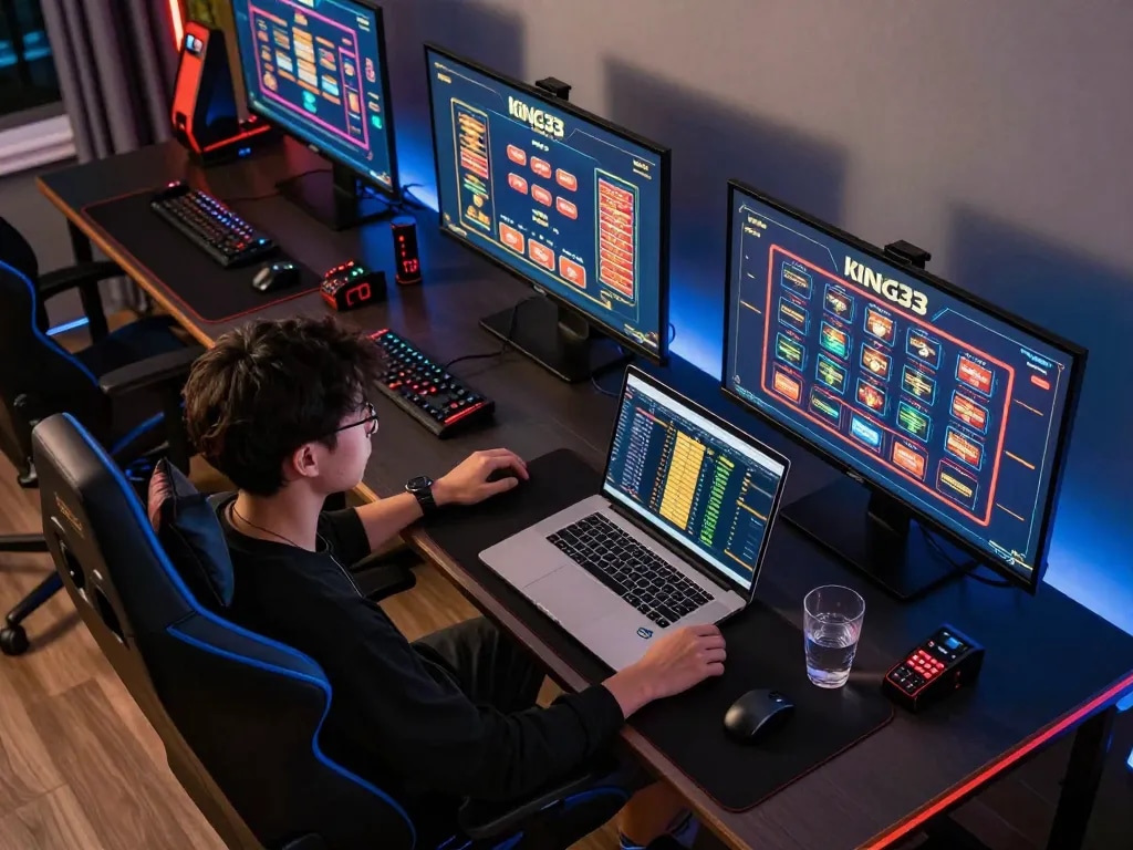 Engaging in strategic gameplay at king33 online casino with a multi-screen gaming setup showcasing diverse betting options.