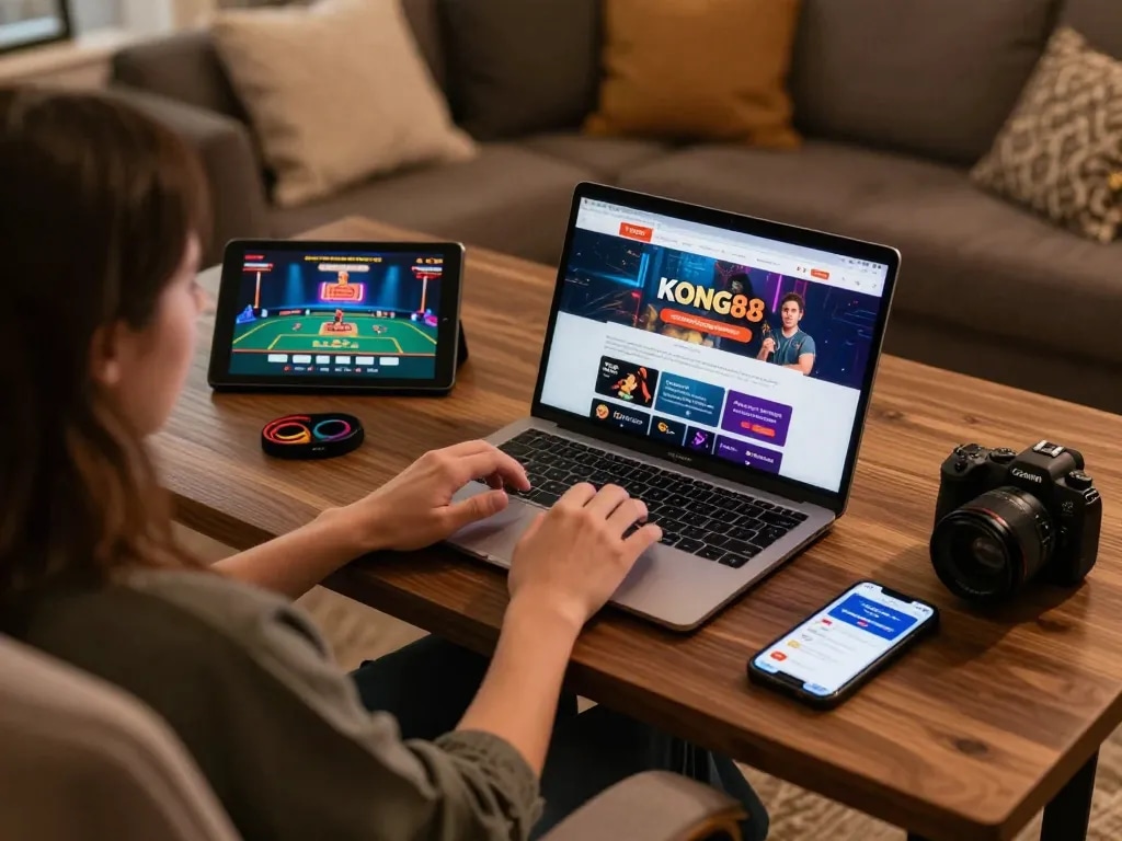 KONG88 online casino gaming setup with laptop, tablet, and smartphone showcasing strategies.