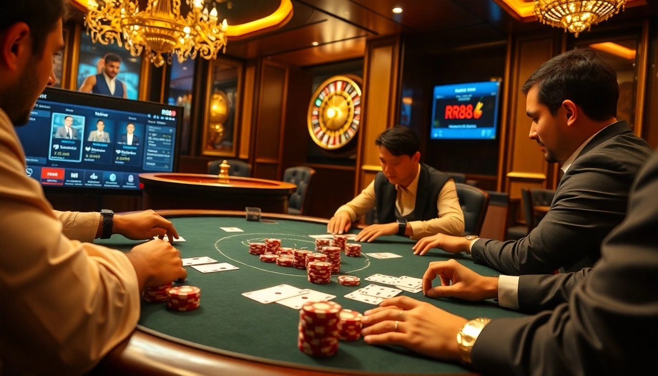 Experience the excitement of the RR88 App with vibrant poker action in a luxurious casino setup.