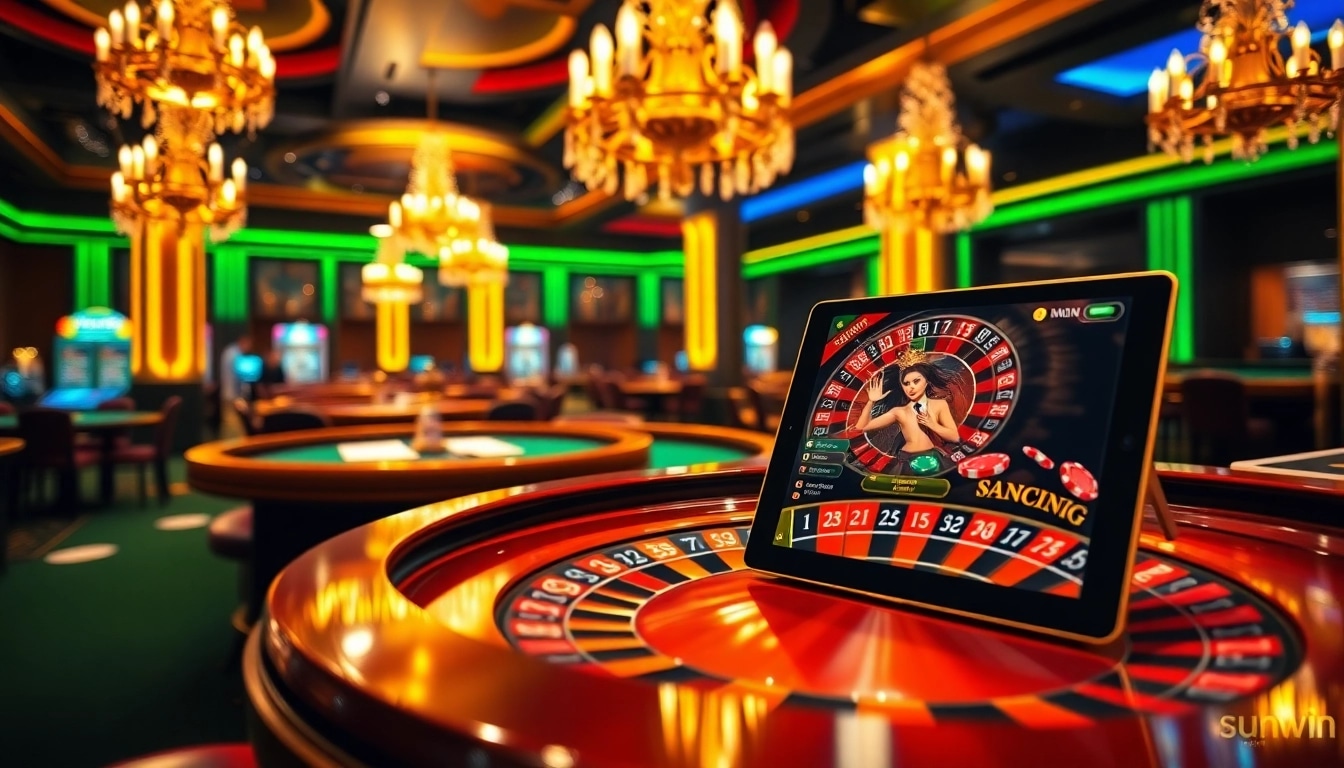 Experience high-stakes action at sunwin casino, featuring vibrant poker tables and roulette wheels.