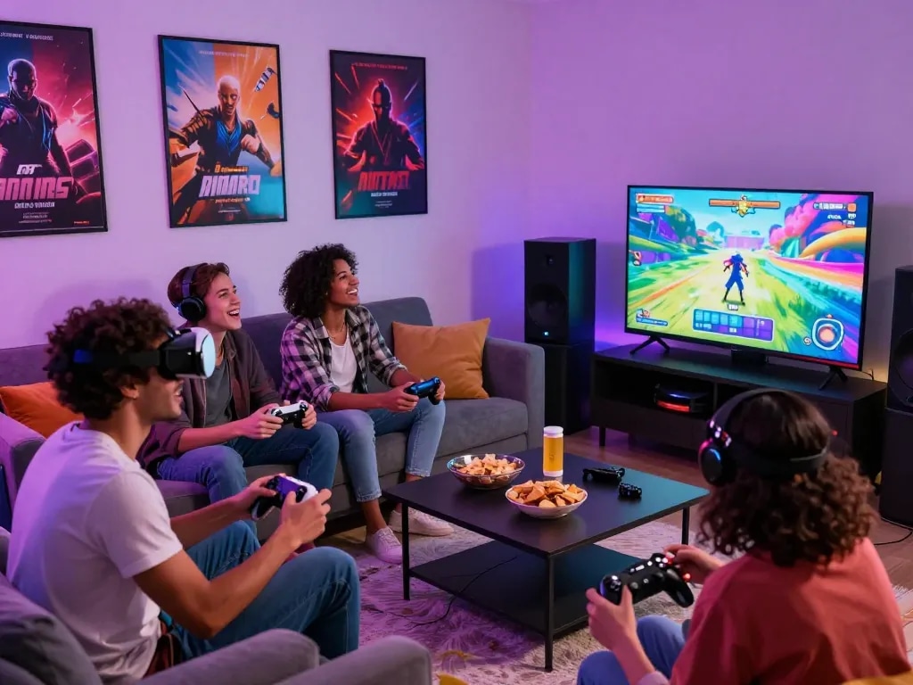 Friends enjoying interactive porngames in a lively gaming room.