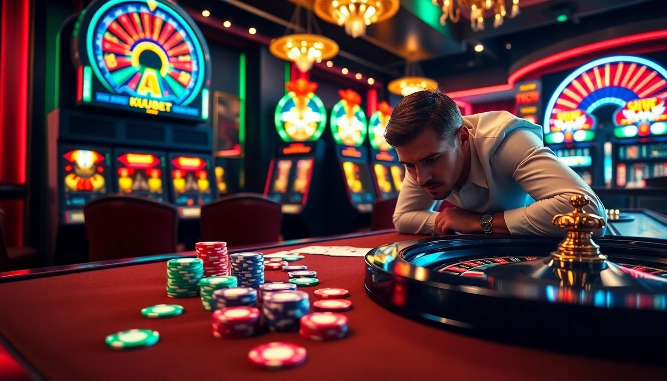 Kubet players engaging in an exhilarating game of chance at a premier casino with vibrant tables and chips.