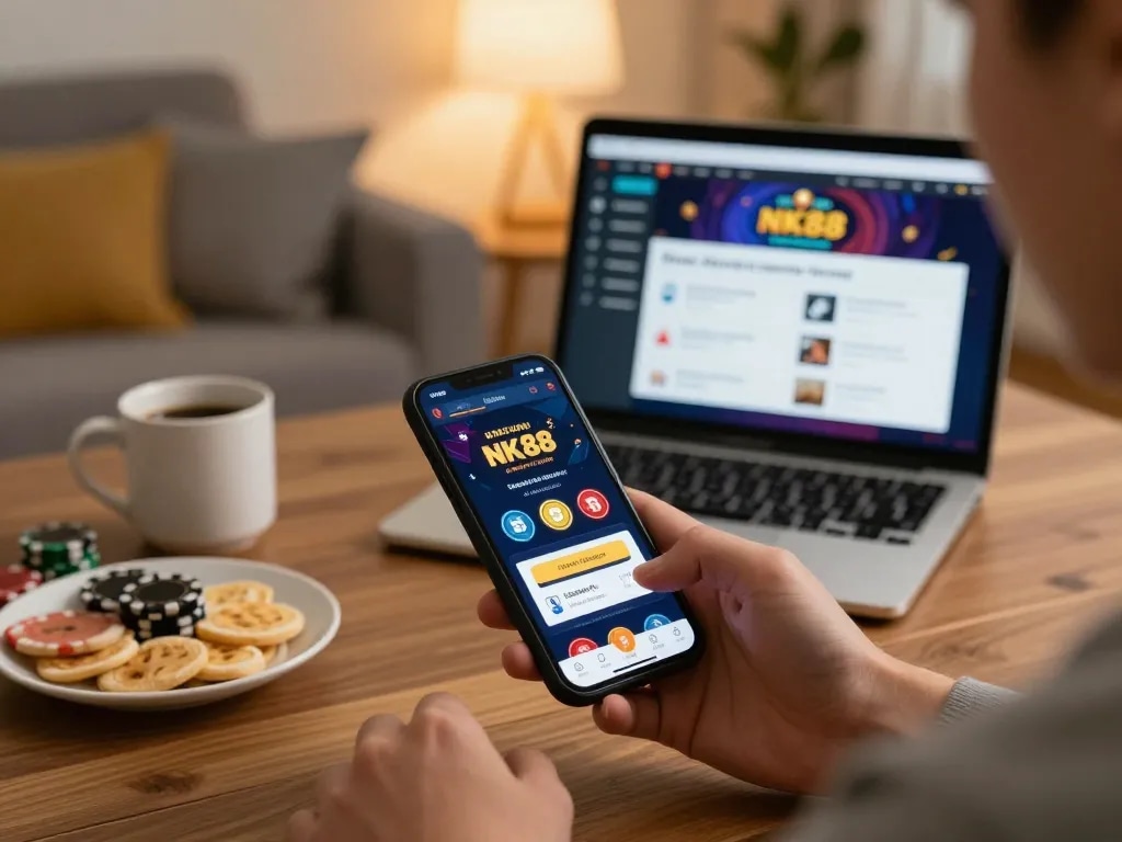 Engaging with the NK88 casino app on a smartphone in a cozy home setup.