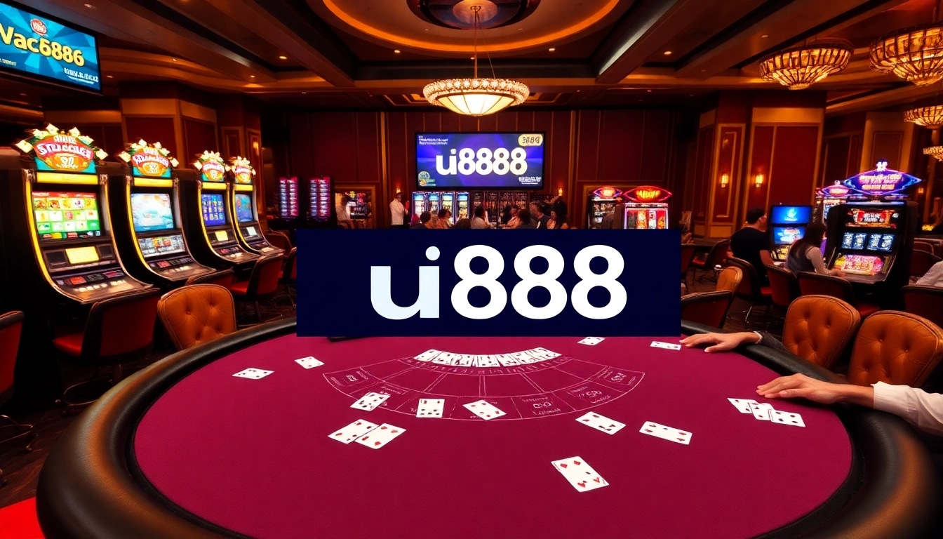 Players enjoying an engaging game at the u888 casino table amidst vibrant slot machines and roulette.