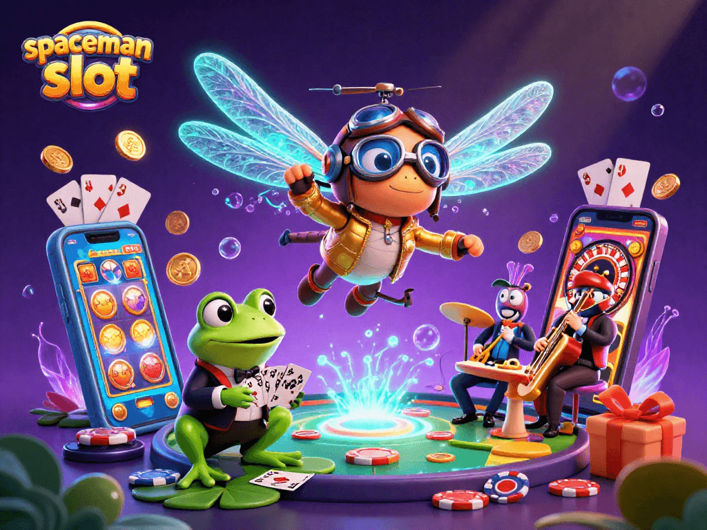 Engage in the spaceman slot excitement with dynamic 3D casino illustration featuring playful characters and vibrant game elements.
