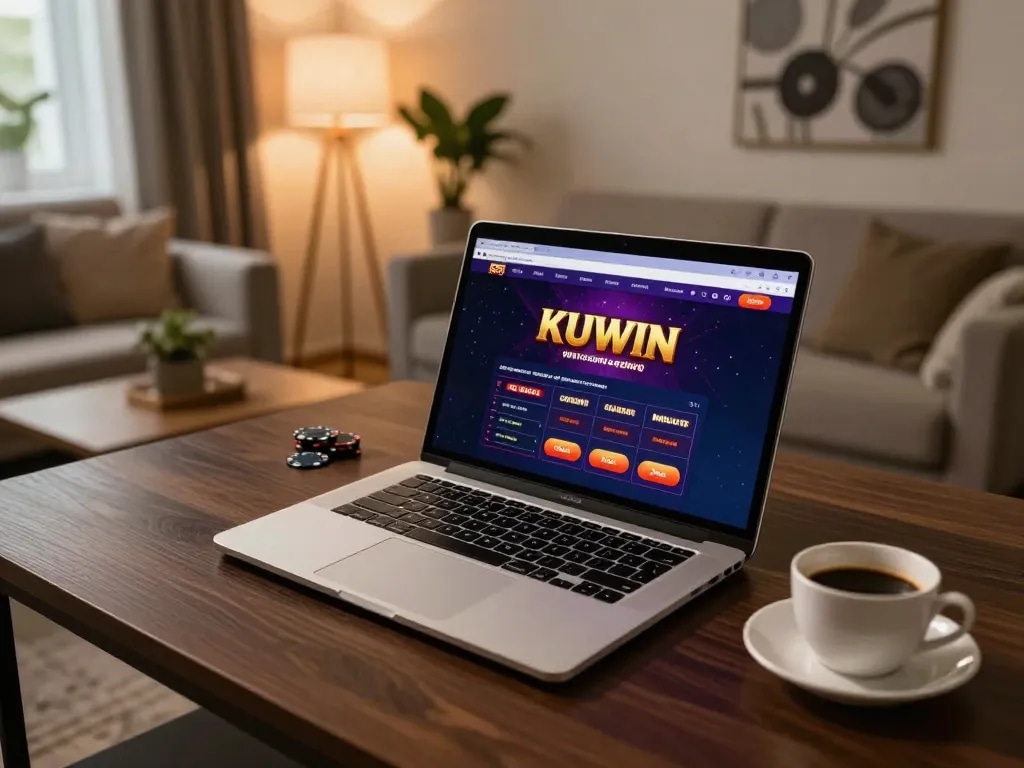 Kuwin online gaming setup at home, showcasing a laptop with casino interface and warm ambiance.